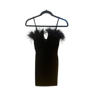New Fashion Nova Krissy Velvet Mini Dress Black Size XS Feather Cocktail NWT
